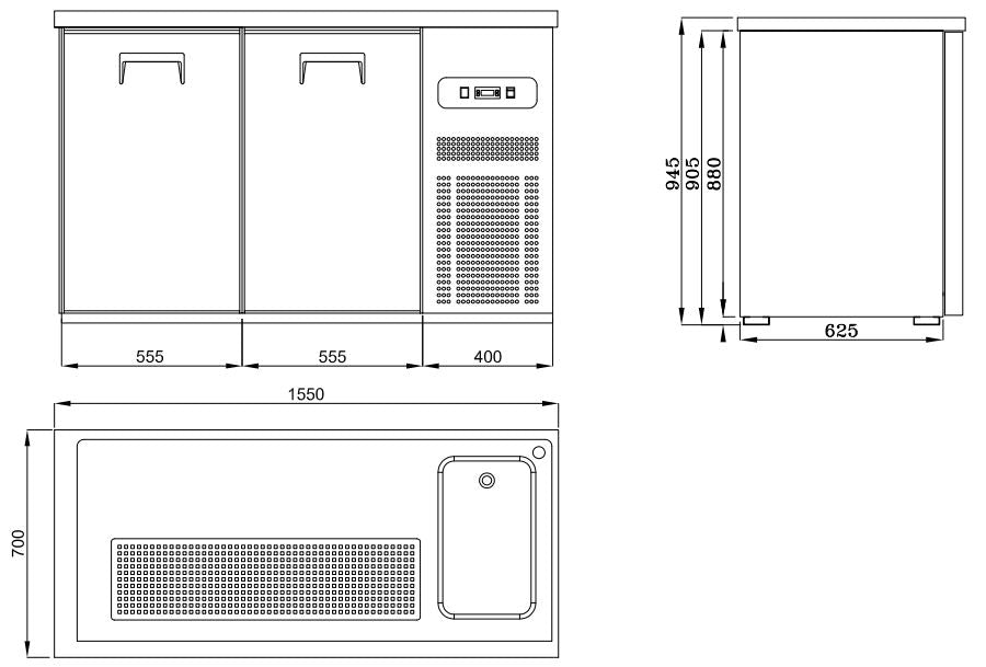 Vatenkoeler | PRO LINE | 1 Deuren | -2°C/+8°C | Geforceerd | Spoelbak (Rechts) | 1550x700x950(h)mm