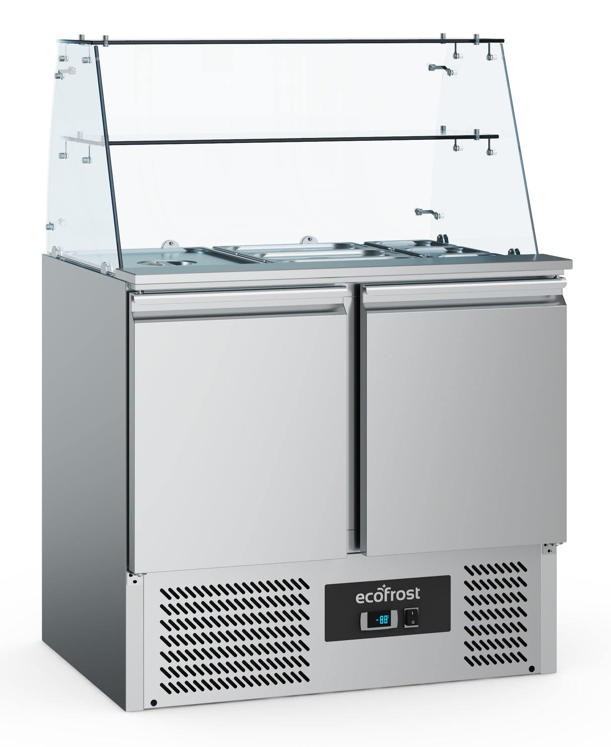 Gekoeld saladette met glasopstand | 2x 1/1 GN 2,5x 1/1 GN | +2°C/+8°C | Statisch met ventilator | 900x700x850/1310(h)mm
