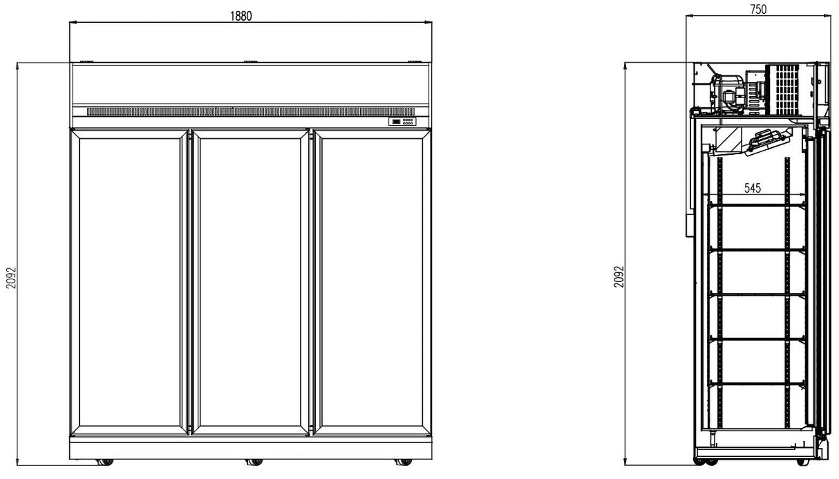 Glasdeur Koelkast Wit | 1530L | 3 Glasdeuren | 0°C/+10°C | Geforceerd | 1880x710x2092(h)mm