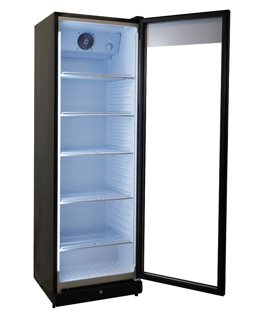 Glasdeur koelkast | 388L | Zwart | +1°C/+9°C | Geforceerd | Wielen | 595x585x1864(h)mm