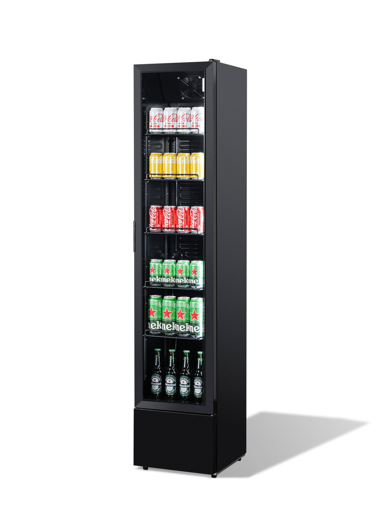 Glasdeur koelkast NAP-150 | 150L | Zwart | +2/+10 ºC | Geforceerd | Wielen | 390x470x1880(h)mm