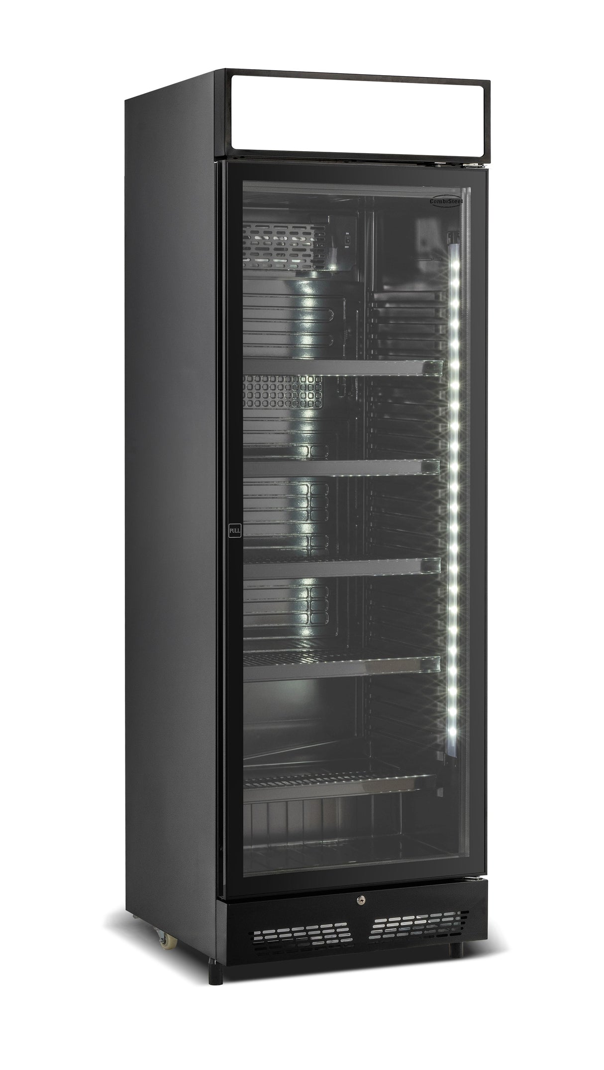 Drankenkoeling met lichtbak | 400L | Zwart | +2°C/+10°C | Statisch | Wielen | 650x595x1950(h)mm