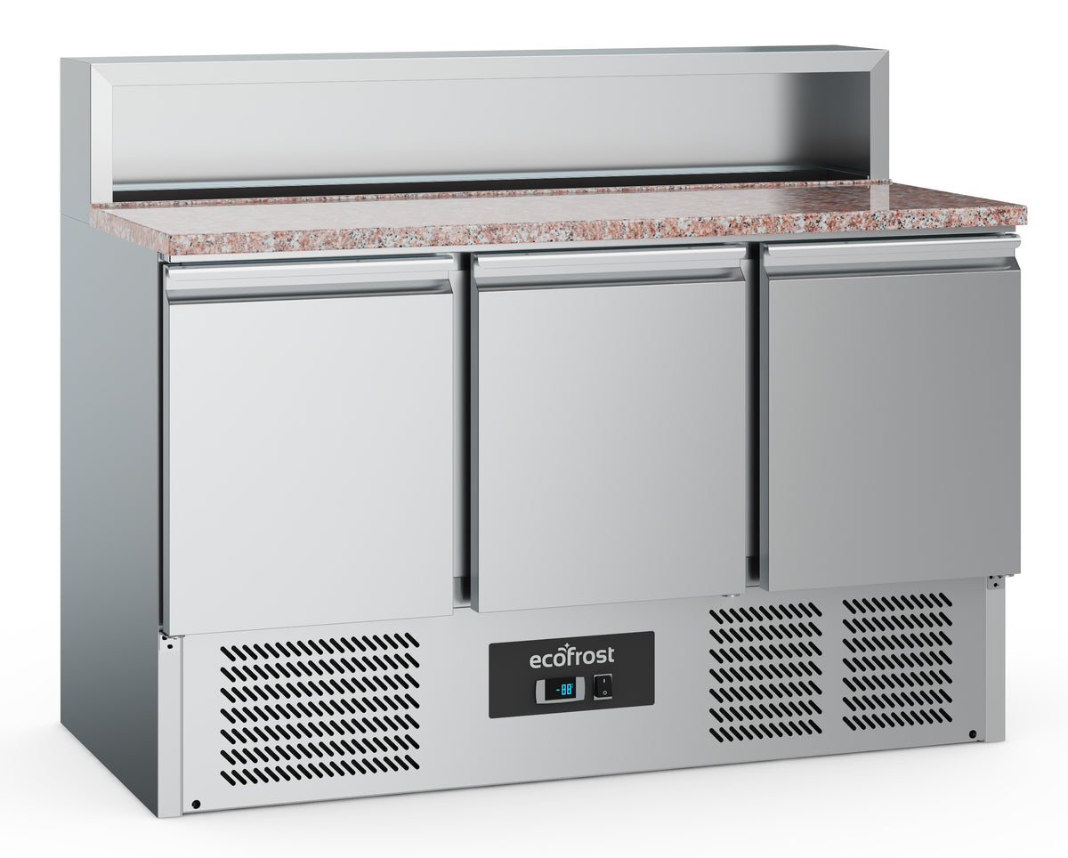 Pizzawerkbank | 402L | 3 Deuren | +2°C/+8°C | Statisch met Ventilator | 1365x700x1075(h)mm