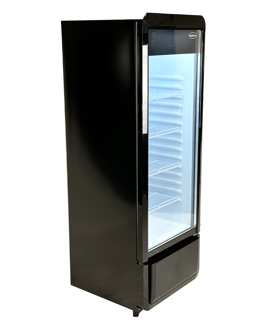 Glasdeur Koelkast | Laag Model | 240L | Zwart | +1°C/+10°C | Geforceerd | Wielen | 540x560x1525(h)mm