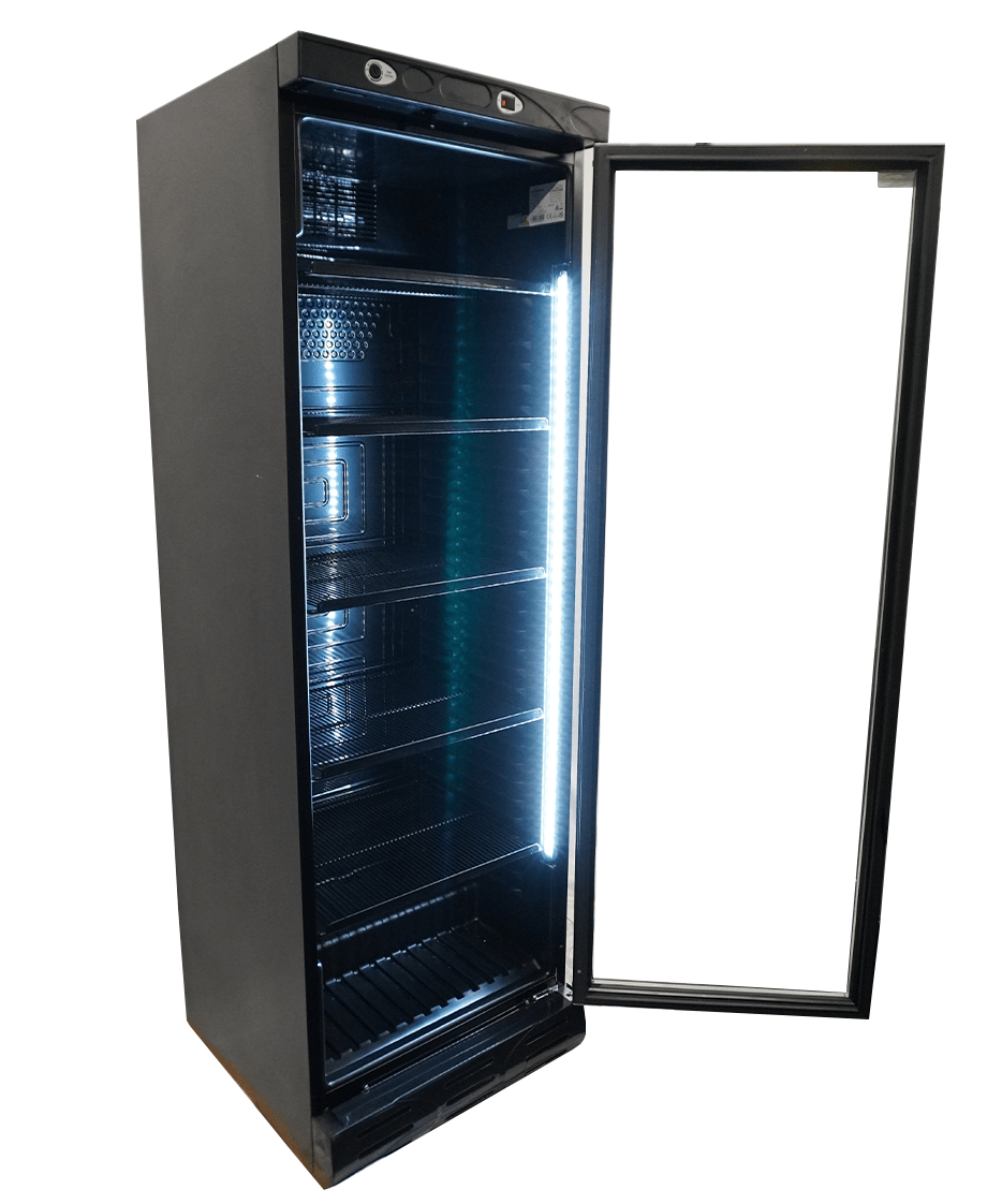 Drankenkoeling Zwart | 382L | Glasdeur | +4°C/+10°C | Statisch met Ventilator | 595x650x1850(h)mm