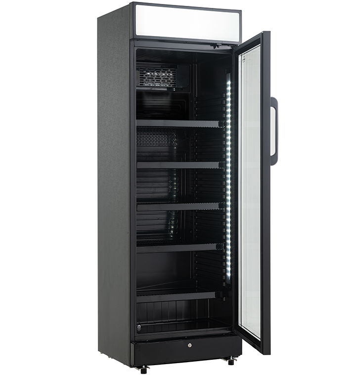 Drankenkoeling met lichtbak | 400L | Zwart | +2°C/+10°C | Statisch | Wielen | 650x595x1950(h)mm