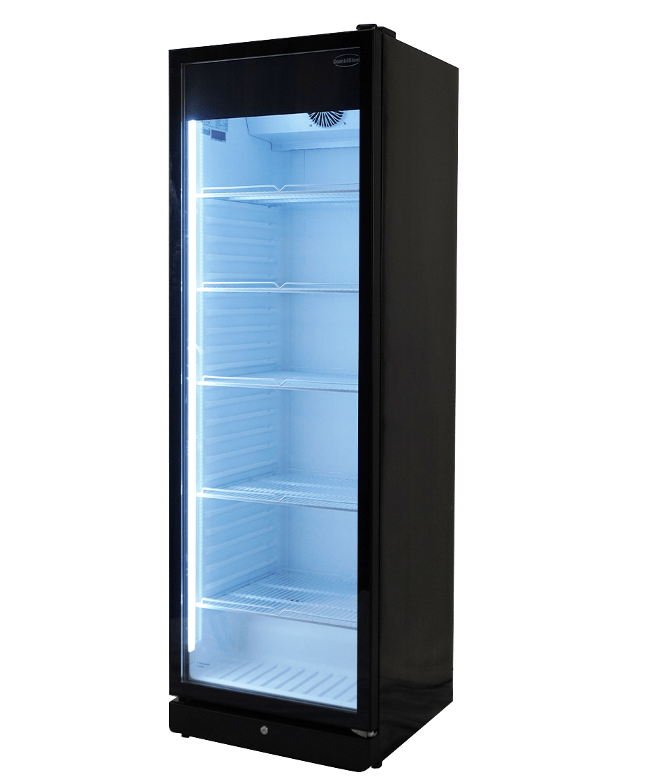 Glasdeur koelkast | 388L | Zwart | +1°C/+9°C | Geforceerd | Wielen | 595x585x1864(h)mm
