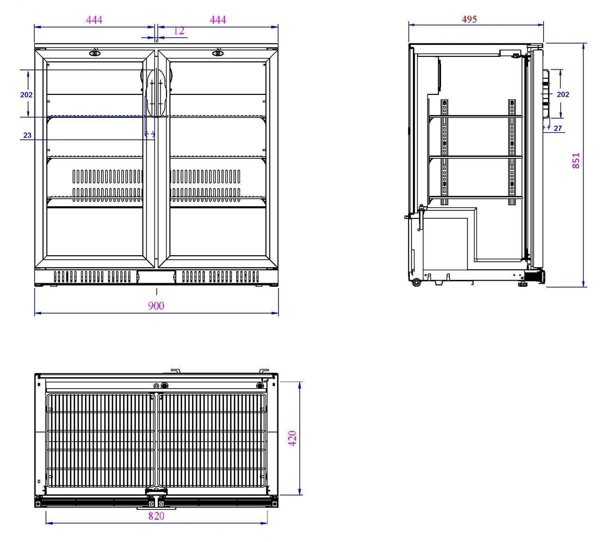 Barkoeler | 2 Glasdeuren | Zwart | 198L | 0°C/+10°C | Statisch + Ventilator | 900x520x850(h)mm