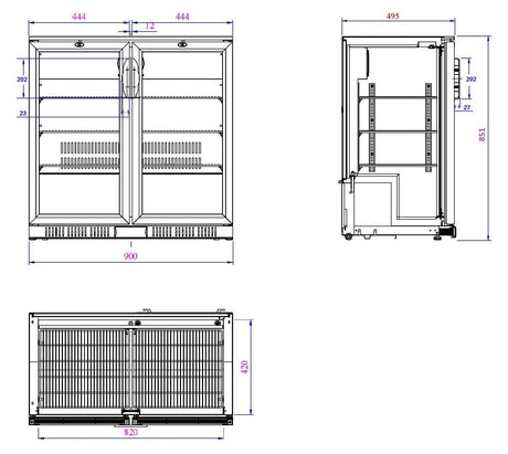 Barkoeler | 2 Glasdeuren | Zwart | 198L | 0°C/+10°C | Statisch + Ventilator | 900x520x850(h)mm