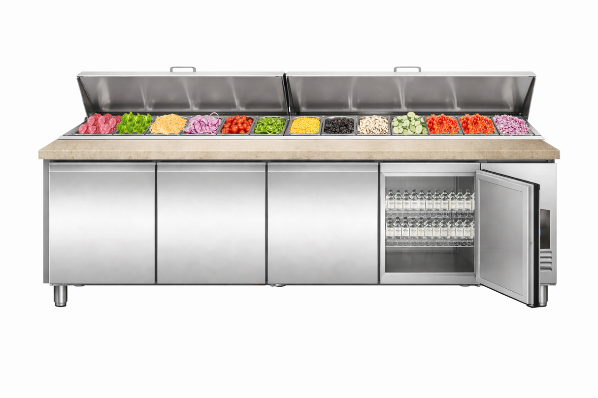 Pizzawerkbank | 943L | 4 Deuren| Boven 12x 1/3 GN | +2°C/+8°C | Geforceerd | 2528x800x890/1040(h)mm