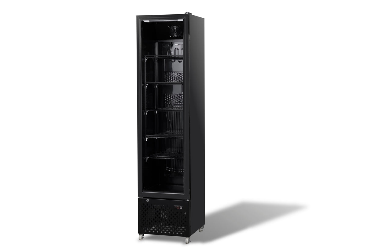 Glasdeur koelkast NAP-250 | 217L | Zwart | +2/+10 ºC | Geforceerd | Wielen | 460x560x1915(h)mm