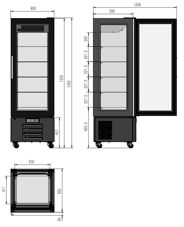 Gebaksvitrine Koel | 400L | Zwart | +2°C/+8°C | Geforceerd | 6 Schappen | 650x650x1950(h)mm