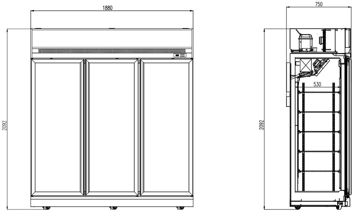 Glasdeur Vrieskast | Wit | 1530L | 3 deuren | -18°C/-22°C | Geforceerd | 1880x710x2092(h)mm