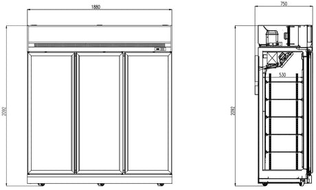 Glasdeur Vrieskast | Wit | 1530L | 3 deuren | -18°C/-22°C | Geforceerd | 1880x710x2092(h)mm