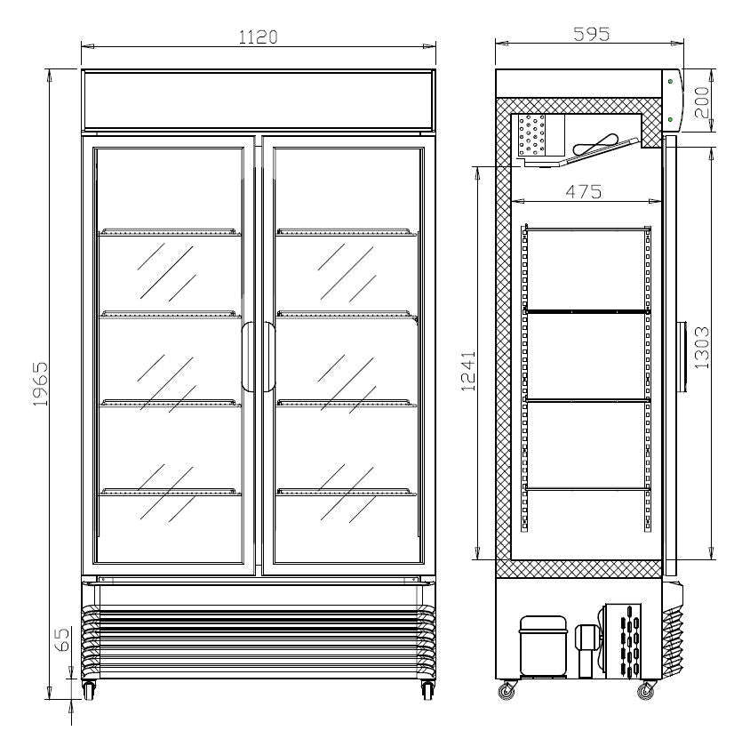 Glasdeur Koelkast | Wit | 750L | Schuifdeuren | +2°C/+10°C | Geforceerd | 1120x610x1965(h)mm