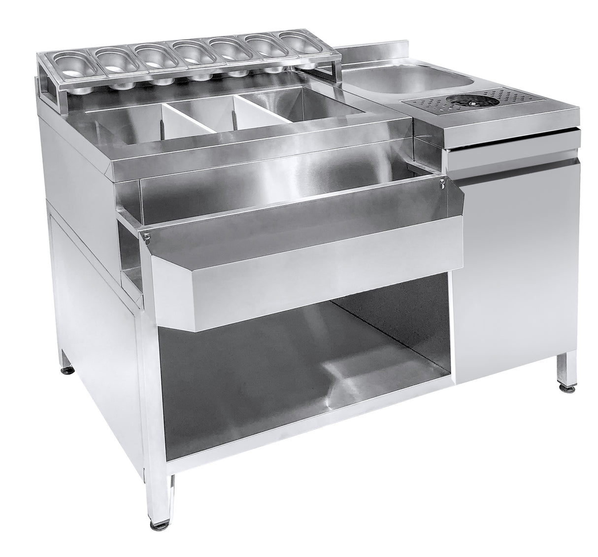 Bar-Cocktailstation | RVS | Spoelbak met Glazenspoeler | IJs en Ingrediëntenbakken | Flessenrek | GN-Bakhouder | 1 Deur en Open Vak | Achteropstand | 1340x700x875/990(h)mm