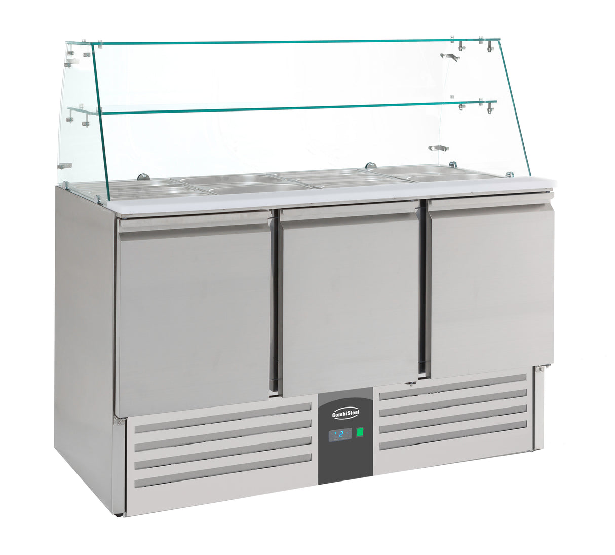 Gekoeld saladette met glasopstand | 3x 1/1 GN 4x 1/6 GN PAN | +2°C/+8°C | Statisch met ventilator | 1365x700x850/1310(h)mm
