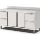RVS Horeca Werkbank met Schuifdeuren 2x2 Laden Rechts en Links | Opstaande Rand | 2400x700x900(h)